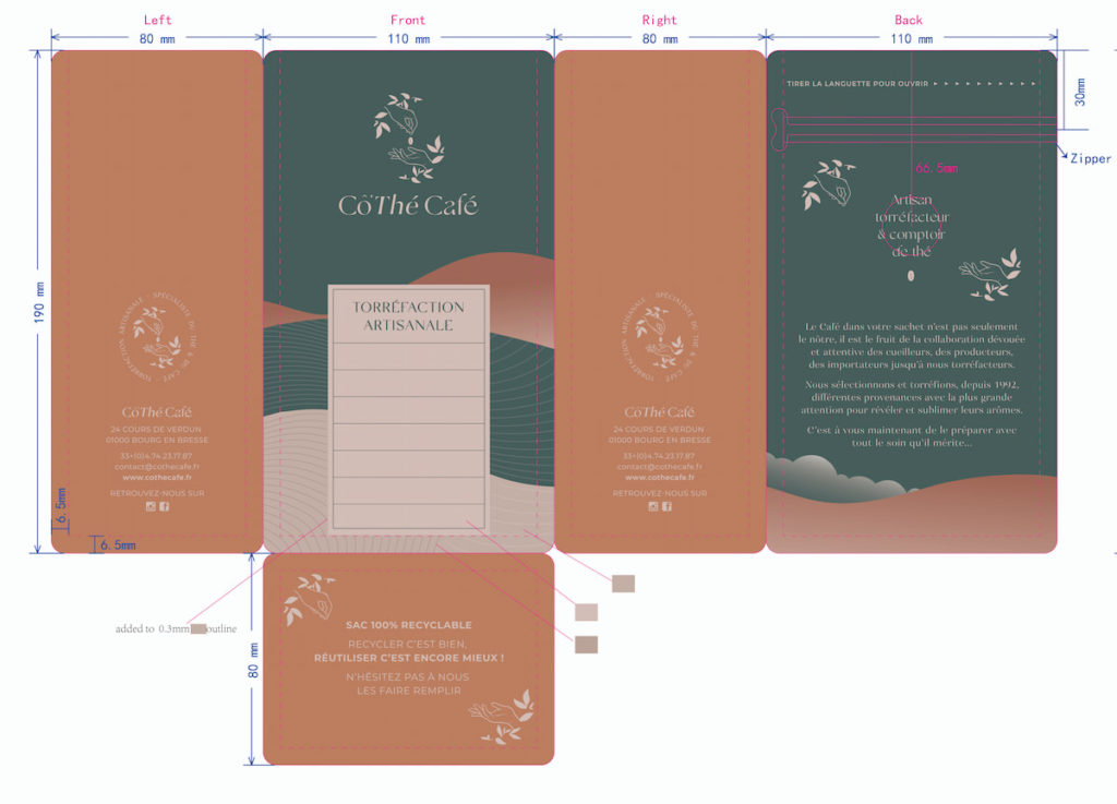 conception mise en page packaging alimentaire sachet cafe preimprime